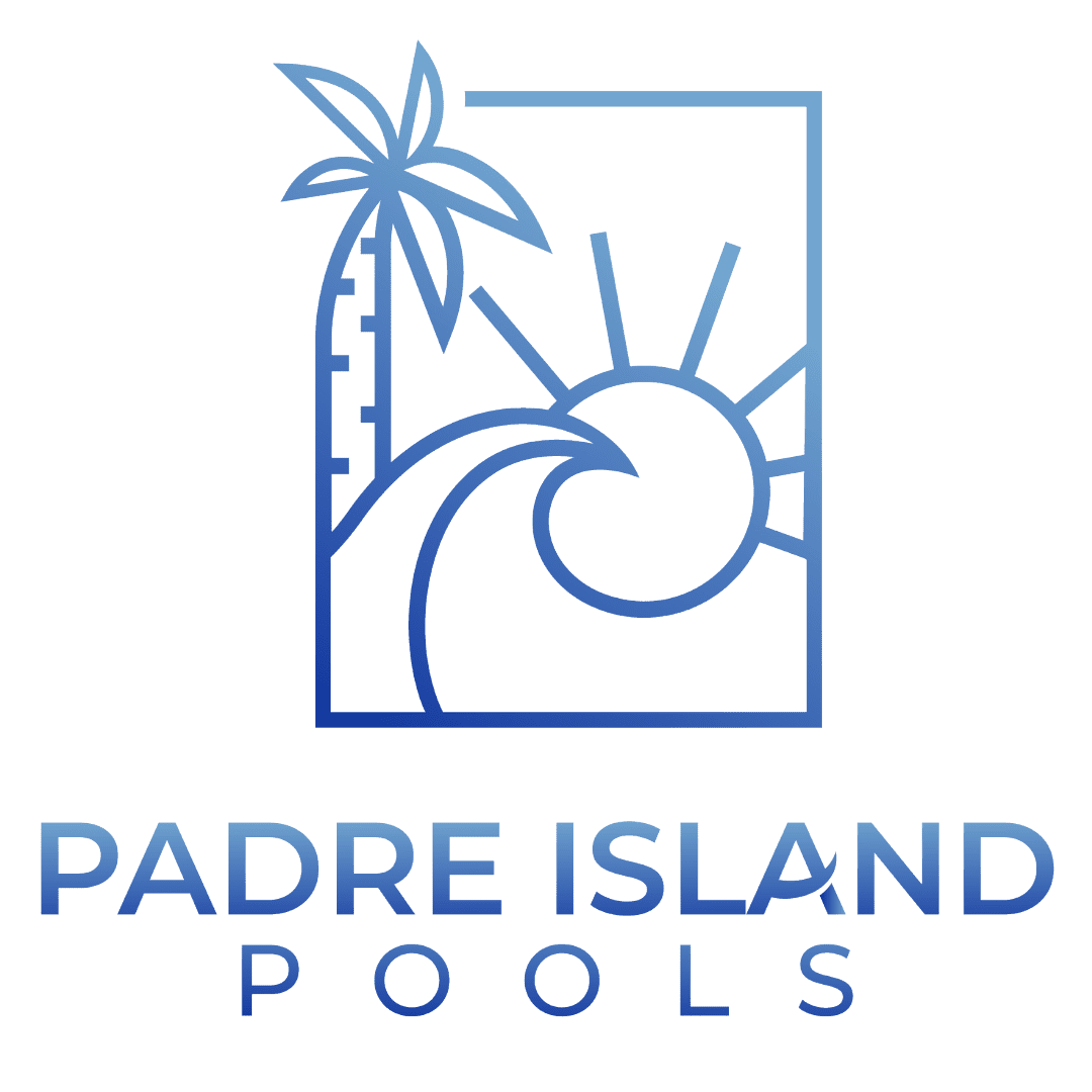 A blue logo for padre island pools.